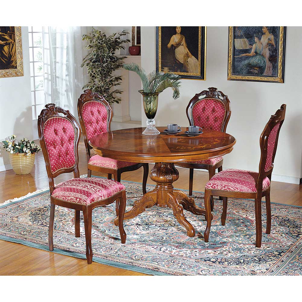 Barock Design Essgruppe Adessa mit rundem Tisch in Rot gemustert (fünfteilig)