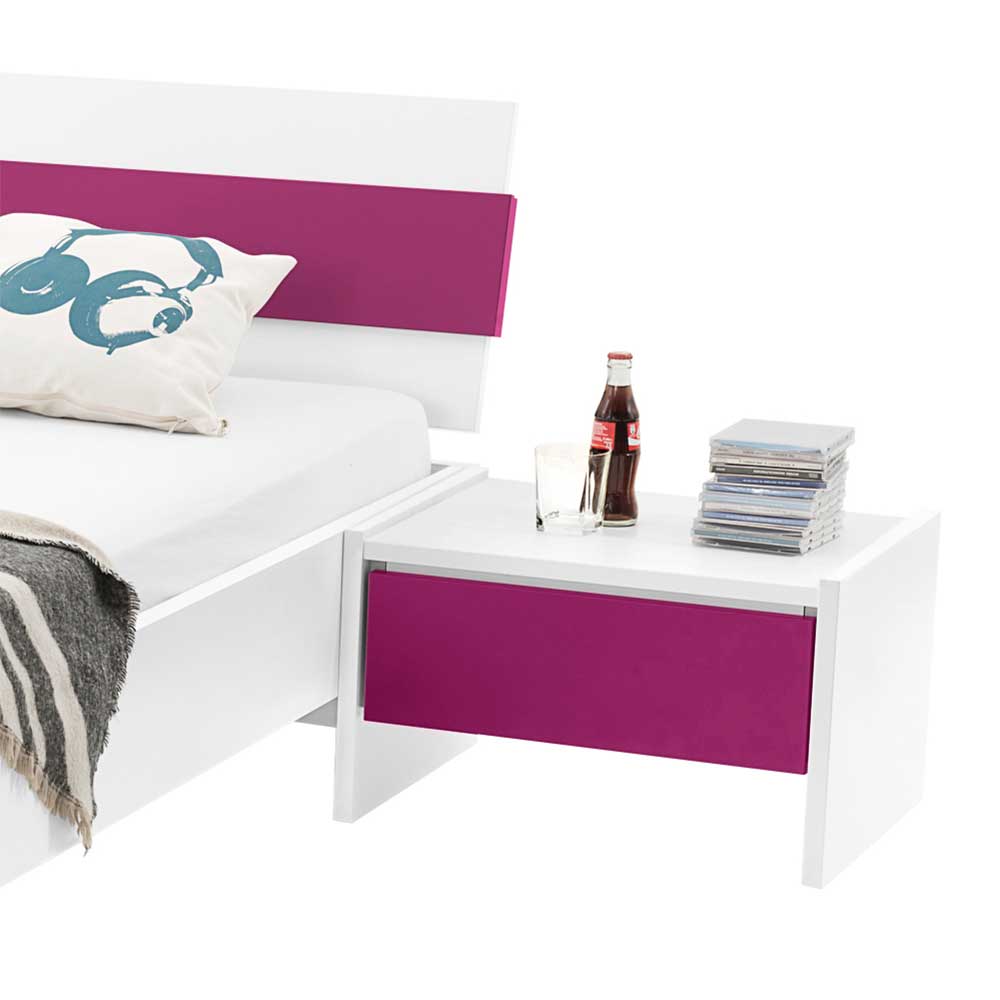 Jugendbett mit Nachttisch Tidesco in Weiß Pink (zweiteilig)