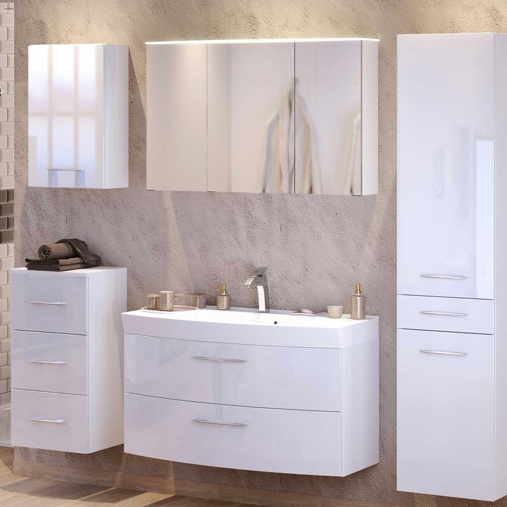 Badezimmer Kombination Daney in Hochglanz Weiß mit 3D Bad Spiegelschrank (zweiteilig)