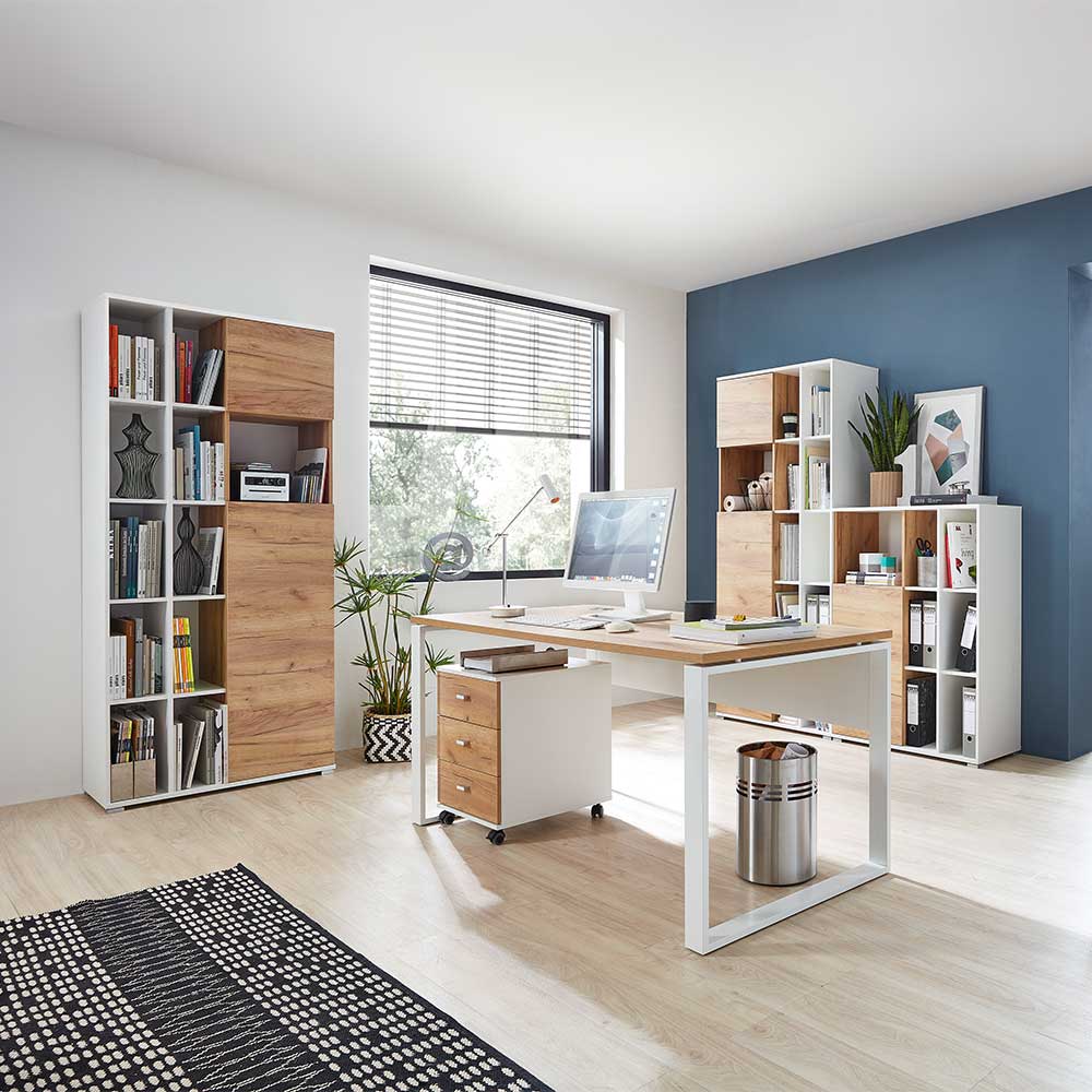 Büromöbel Komplettset Nastia in Weiß und Eiche Dekor (fünfteilig)
