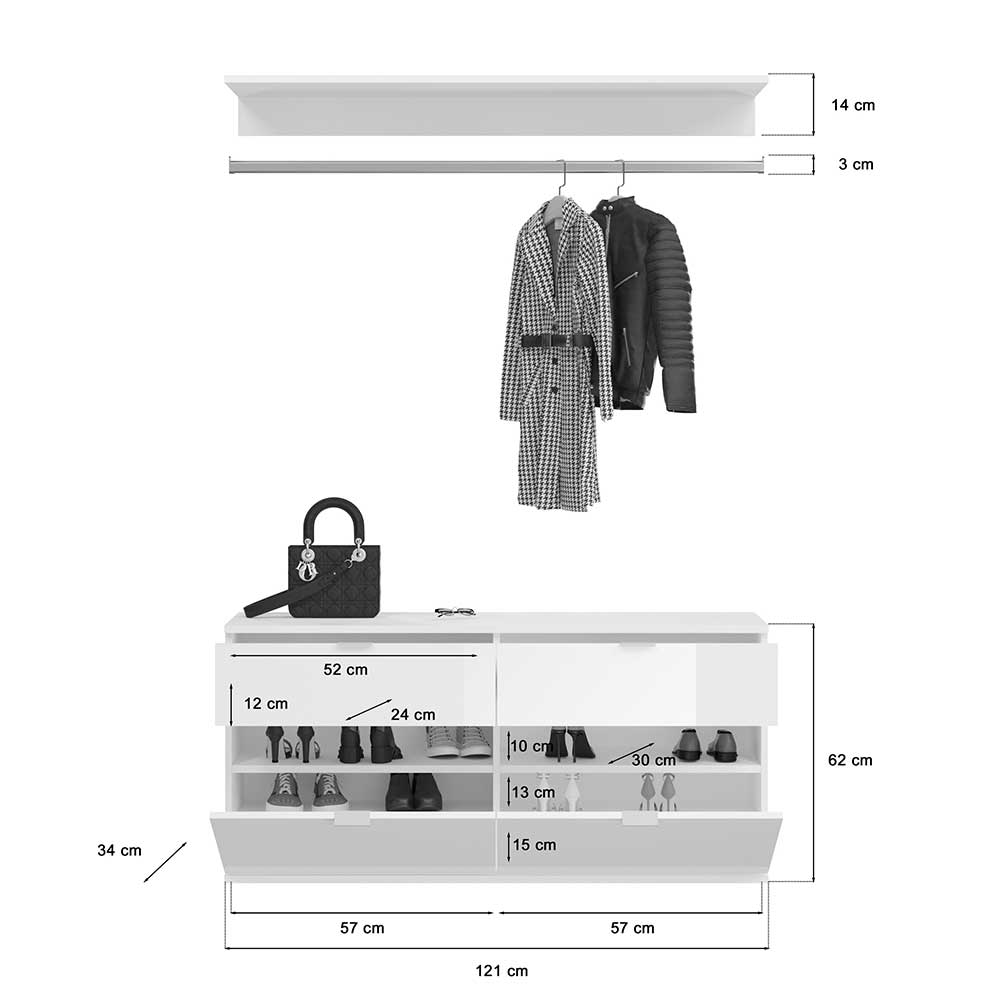 Garderobenprogramm Ridonner Hochglanz weiß - 212 cm breit (dreiteilig)