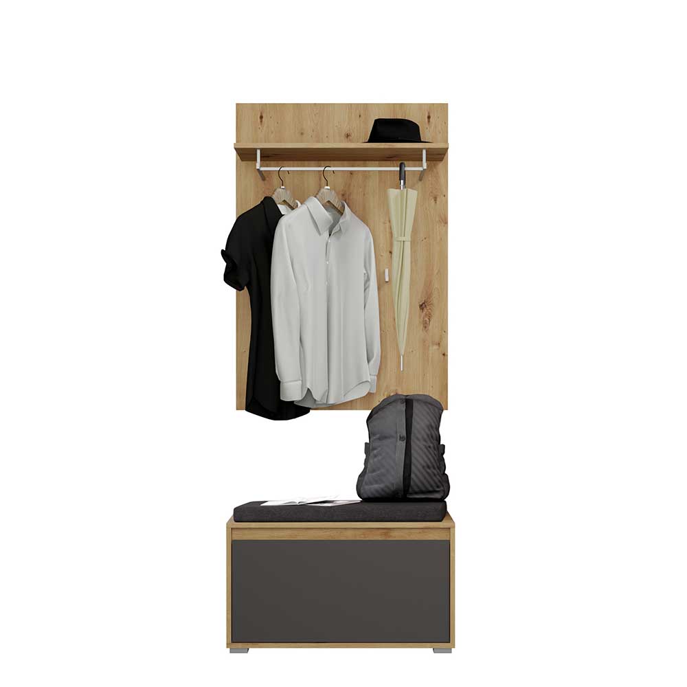 Garderobe Anora in Grau und Eichefarben mit Sitzkissen (zweiteilig)