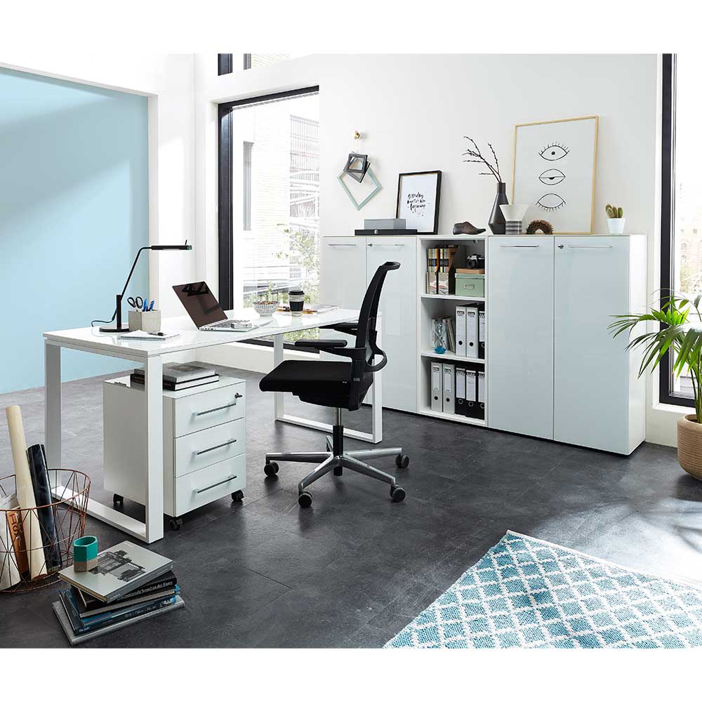 Arbeitszimmermöbel Set Rameros in Weiß mit Glas beschichtet (fünfteilig)
