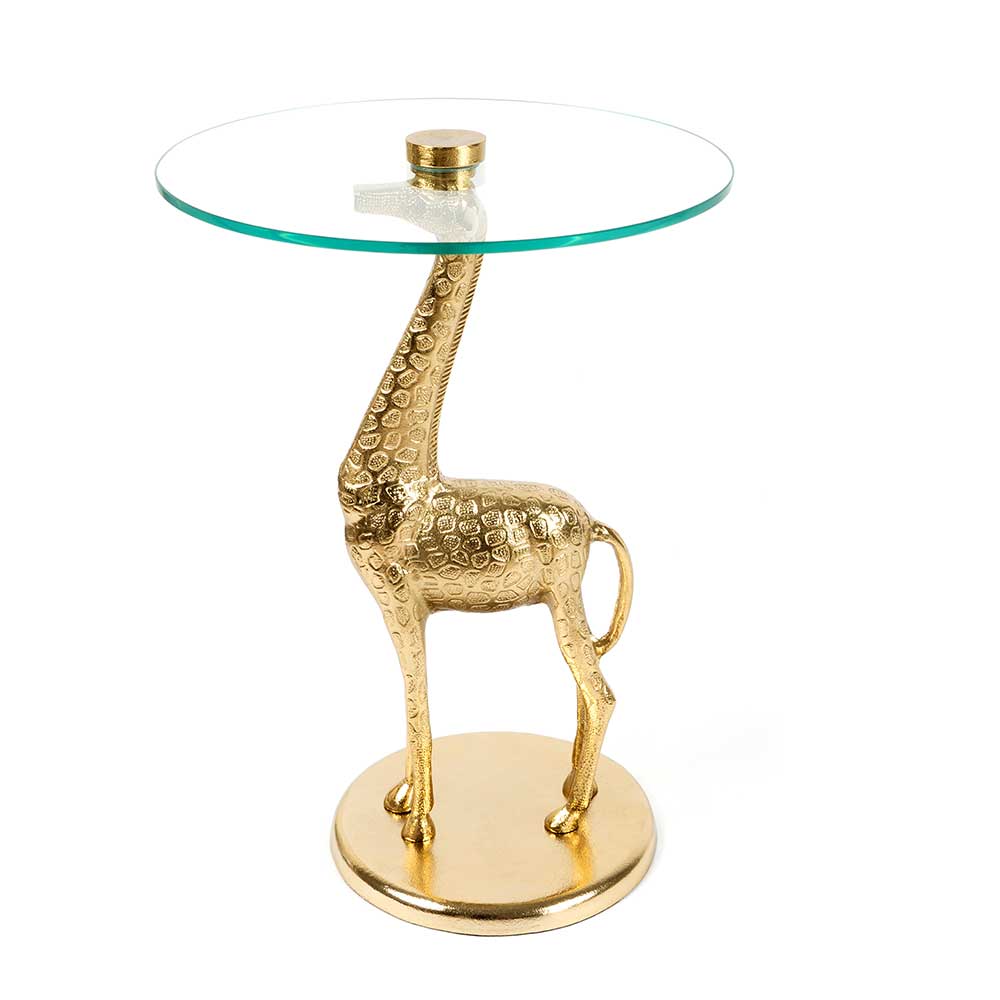 Glas Beistelltisch Prinzessin mit Säulengestell in Giraffenform goldfarbig