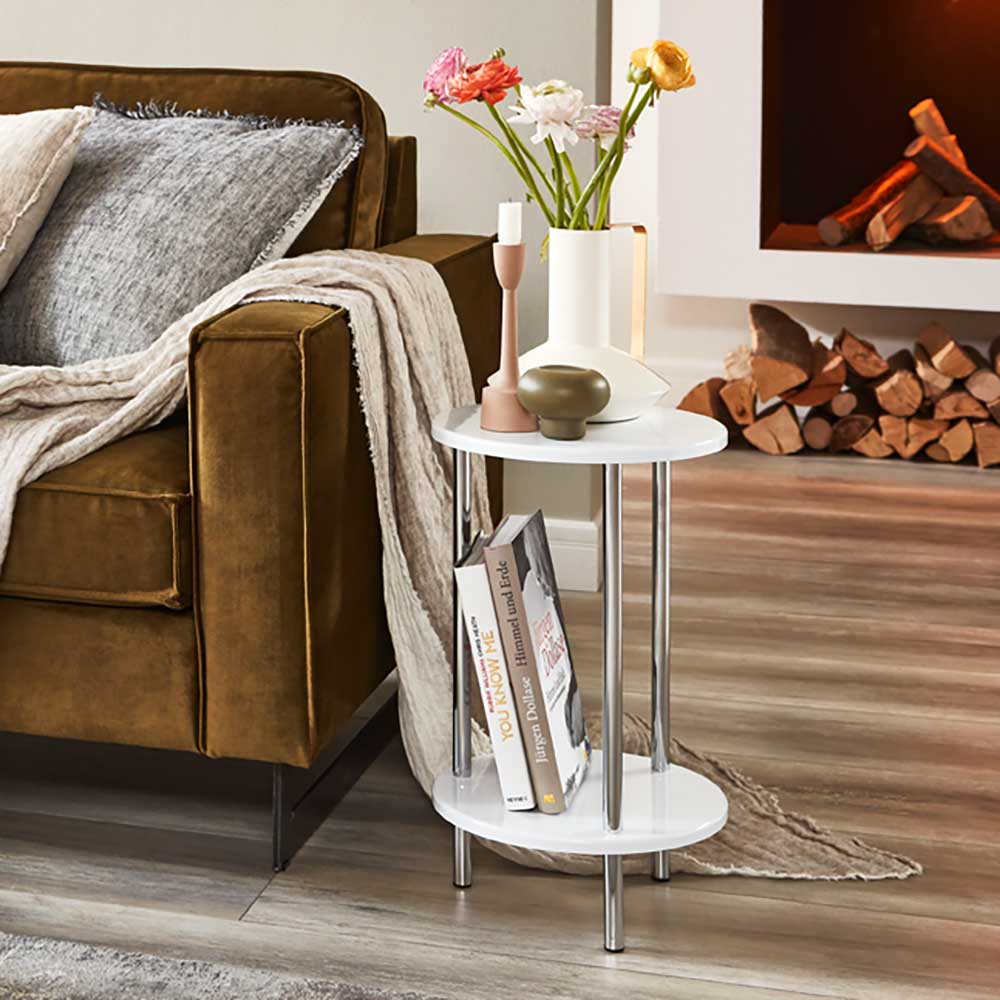 Sofa Beistelltisch Portmore in Weiß und Chromfarben 50 cm hoch
