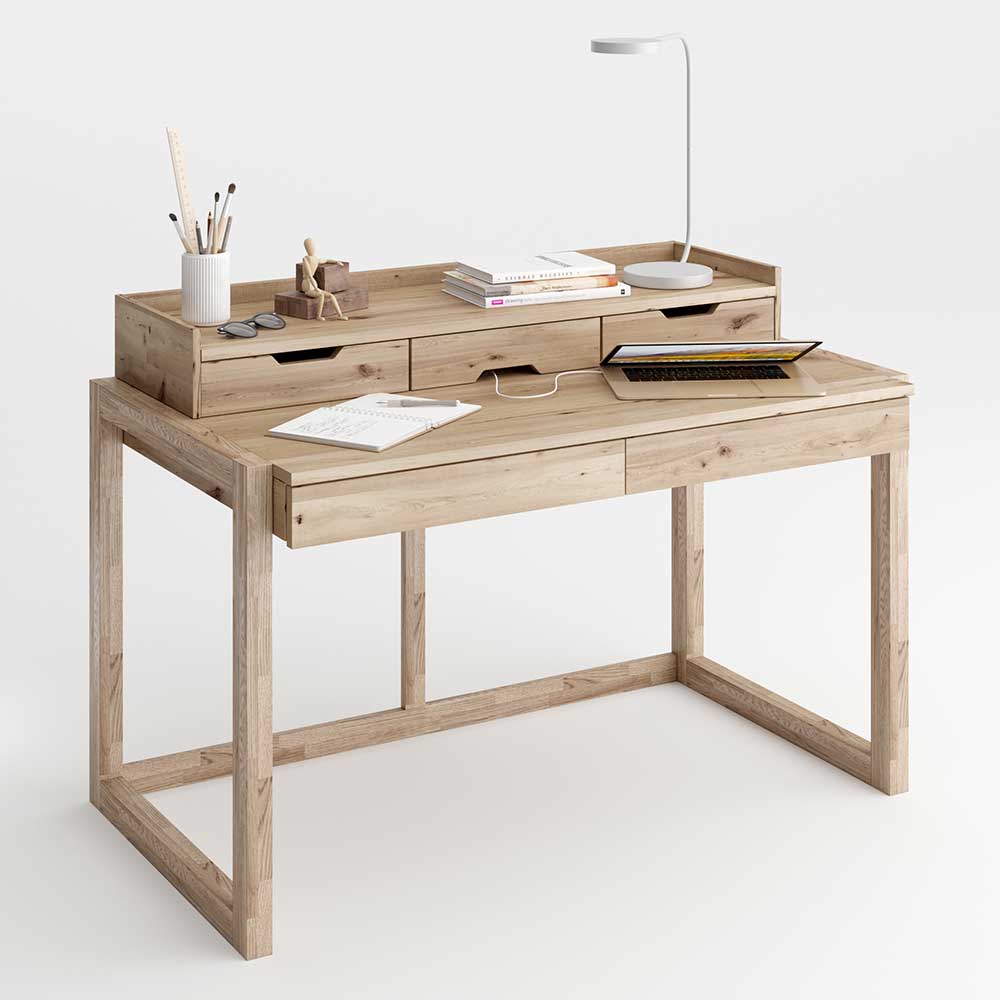Massivholz Schreibtisch Flippo aus Wildeiche mit fünf Schubladen