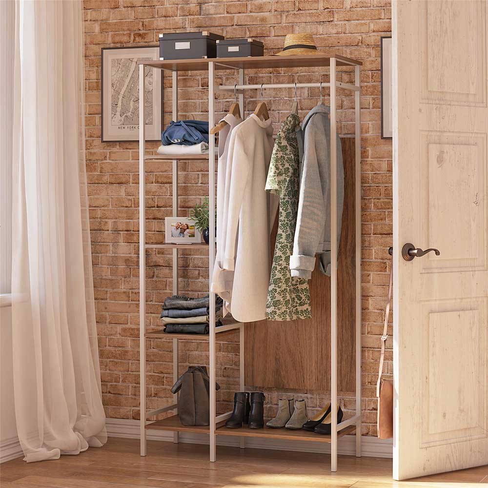 Moderne Garderobe Cosima in Walnussfarben und Weiß mit Metallgestell