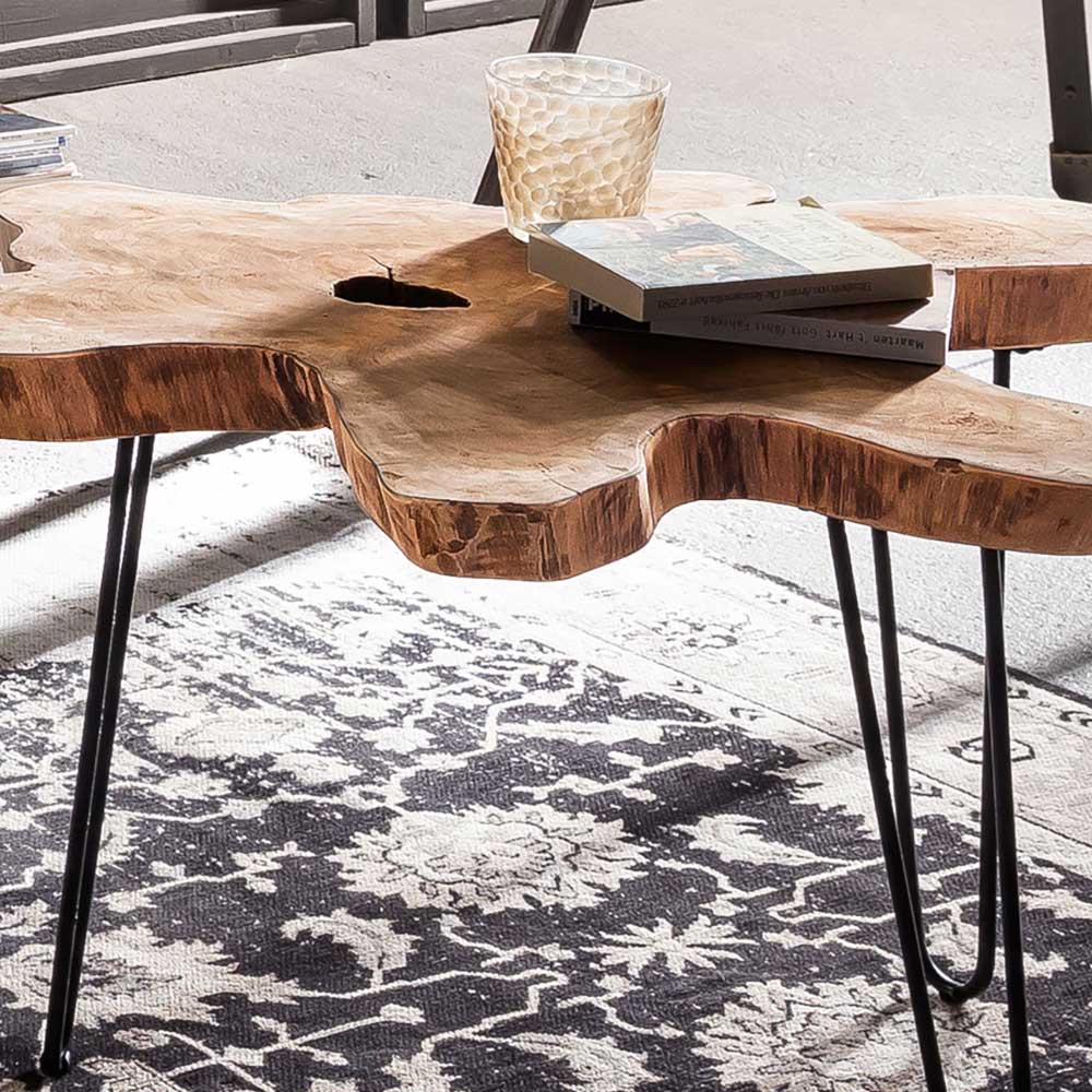 Couch Designtisch Koropi mit Baumscheiben Platte und 3-Fußgestell aus Metall