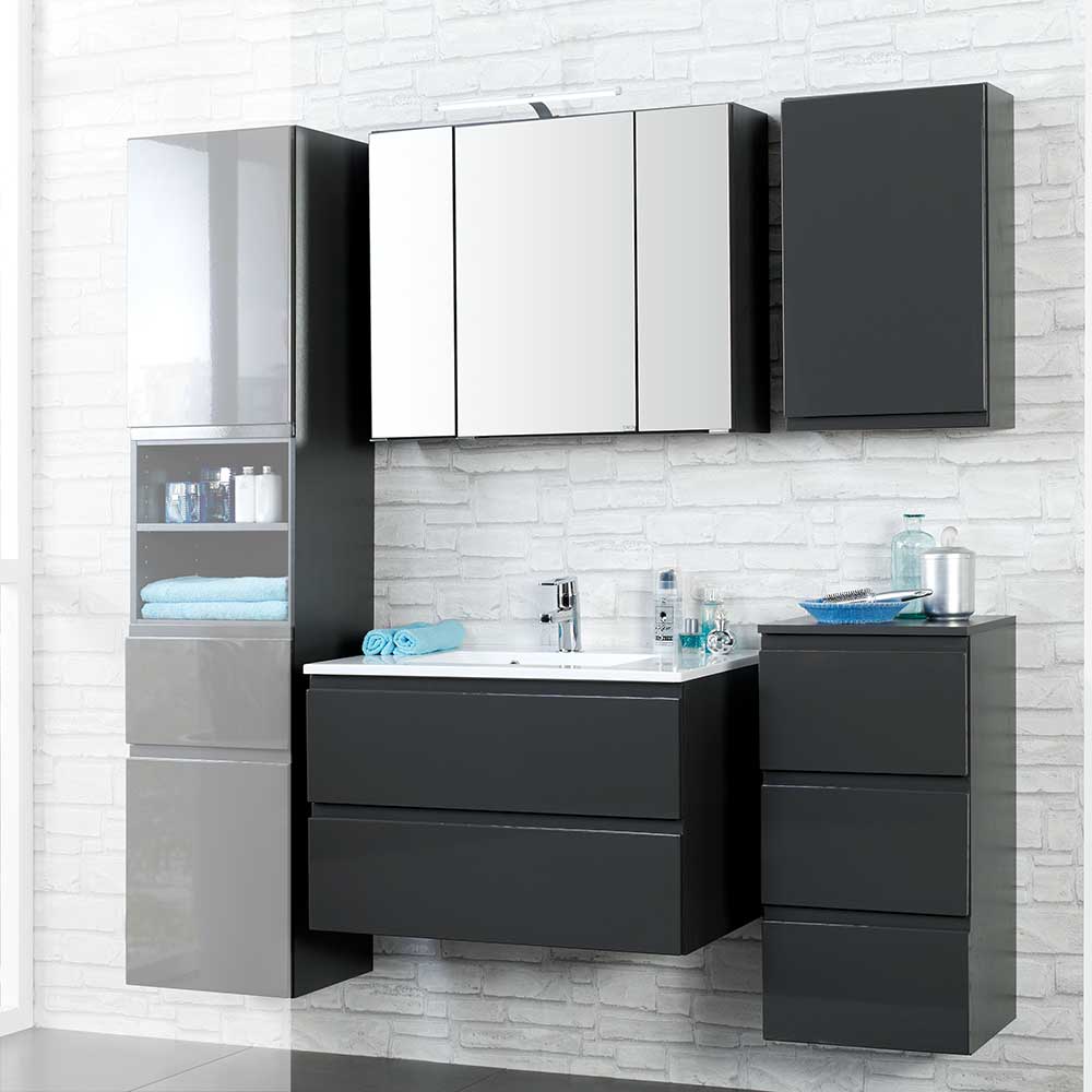 Badezimmer Kombination Coway in Anthrazit Hochglanz mit 3D Spiegelschrank (vierteilig)