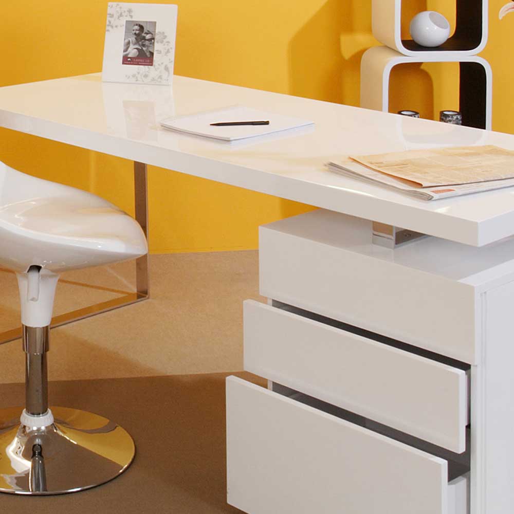 Hochglanz Schreibtisch Prakto in Weiß mit drei Schubladen
