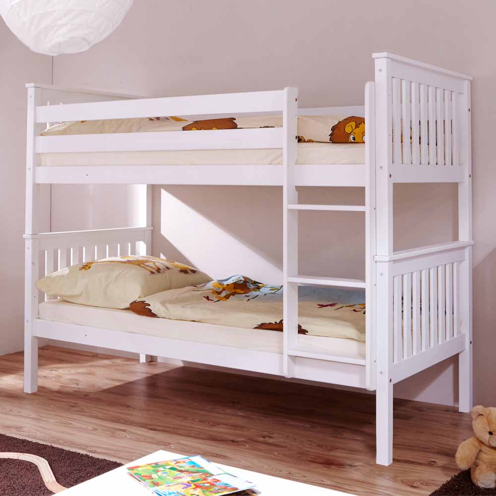 Kinder Etagenbett Atela in Weiß Kiefer massiv mit Bettkasten