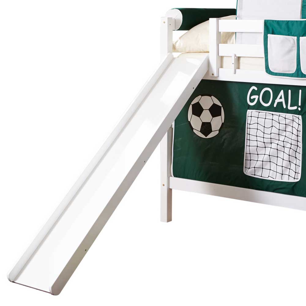 Fußball Etagenbett Nadele mit Rutsche und Vorhang in Weiß Buche massiv