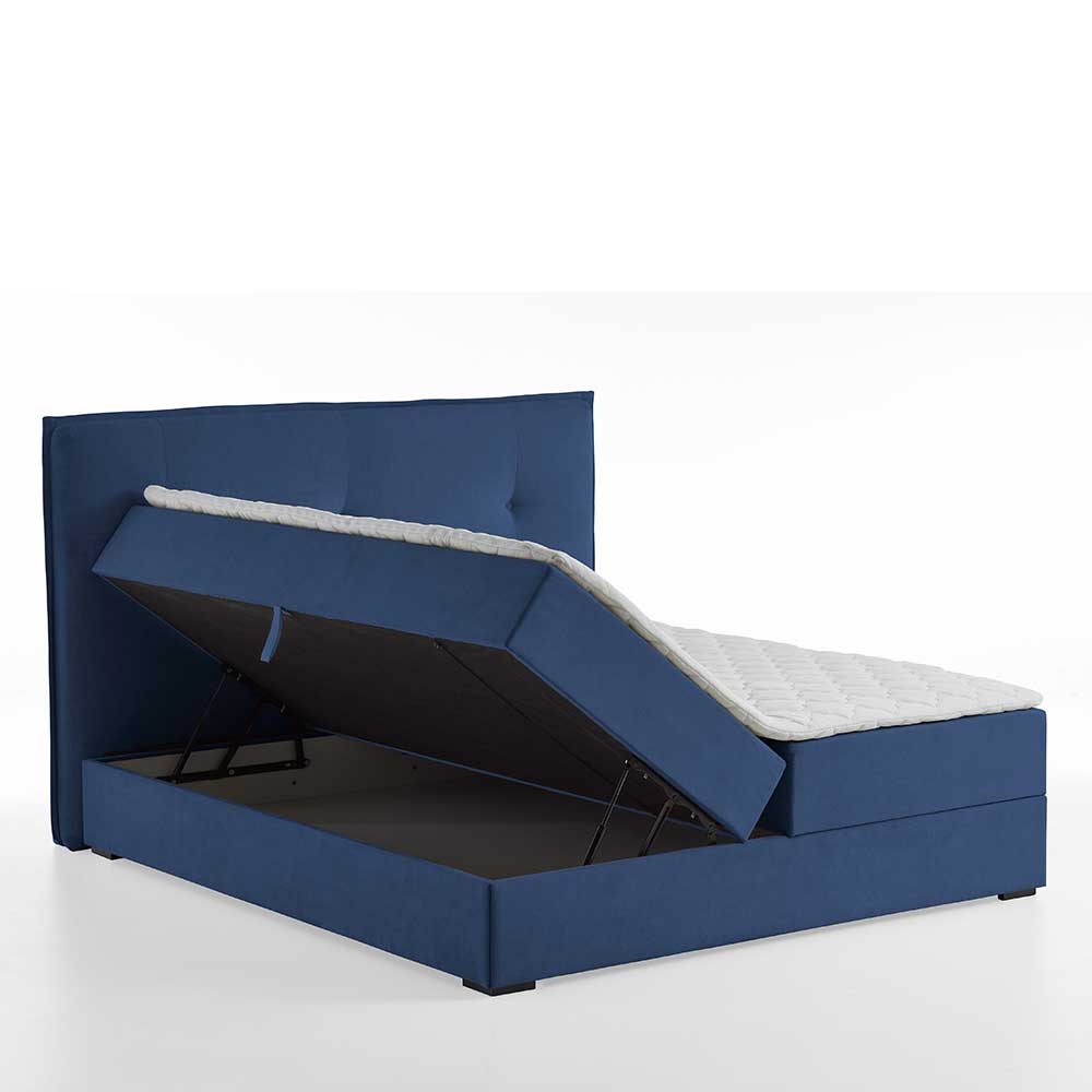 Boxspring Bett Loisango 55 cm Einstiegshöhe in Blau Stoff