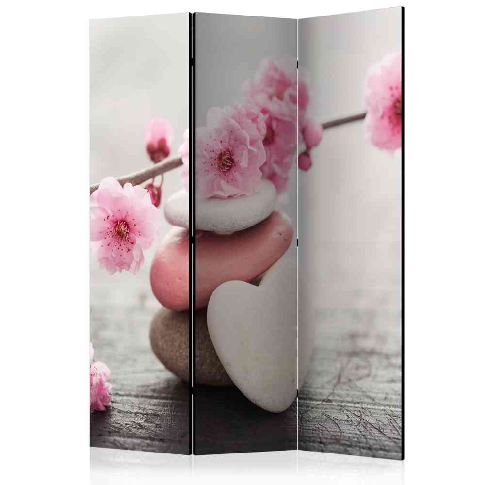 Paravent Sichtschutz Striker mit Steinen und Kirschblütenzweig im Zen Design