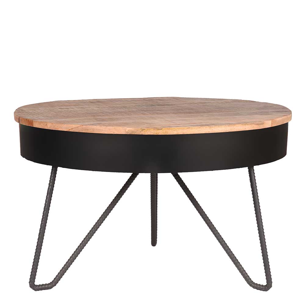 Runder Wohnzimmer Tisch Genefa aus Mangobaum Massivholz und Stahl 80 cm breit