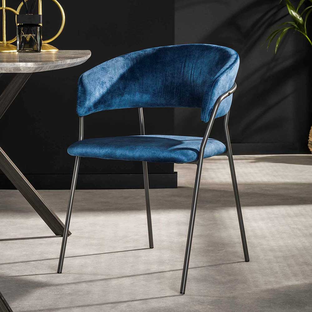 Blaue Esstisch Stühle Ovidio mit Armlehnen aus Samt und Metall (4er Set)