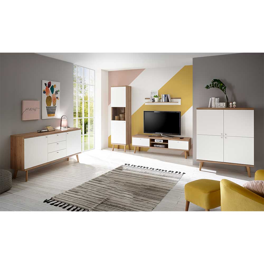 Wohnzimmer Kombi Levanca in Weiß und Eiche Massivholz im Skandi Design (fünfteilig)