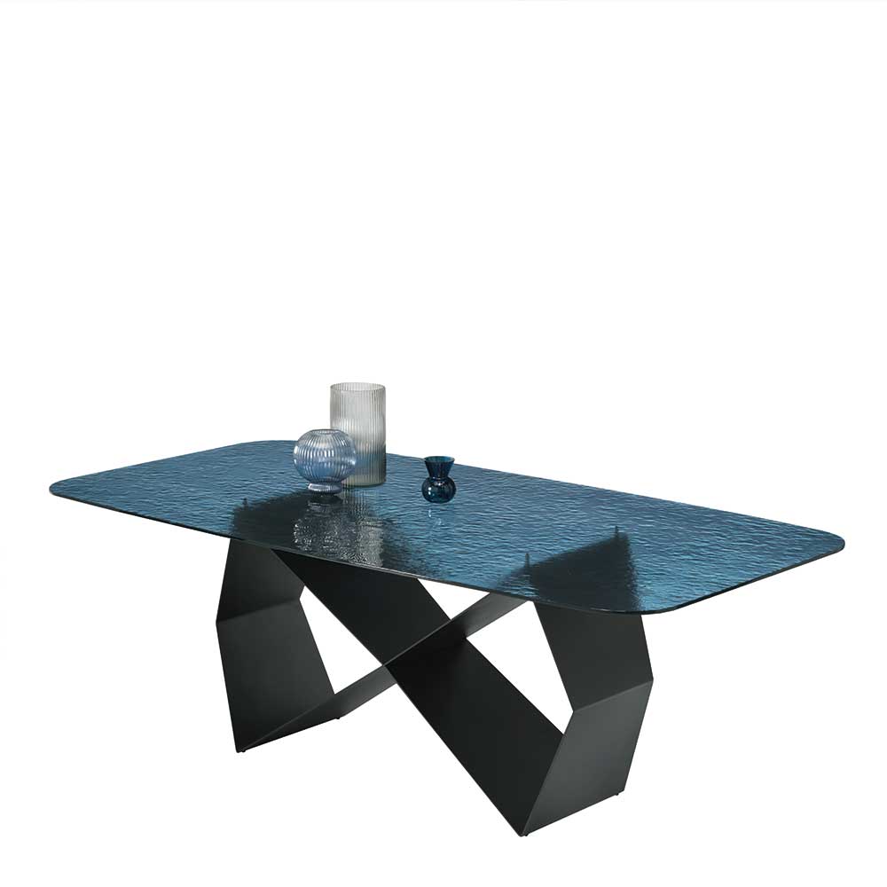 210x110 cm Designeresstisch Ortenza mit Strukturglas Platte in Blau