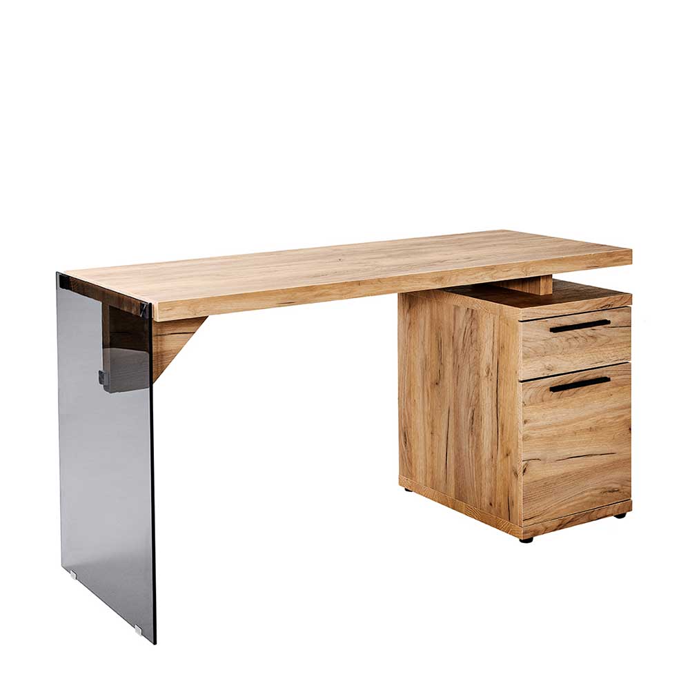 Schreibtisch Bathford aus Sicherheitsglas und Eiche Furnier modern