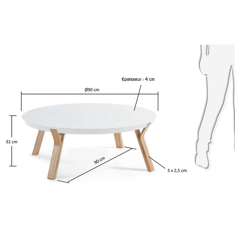 Runder Wohnzimmer Tisch Crenada in Weiß und Eschefarben im Skandi Design