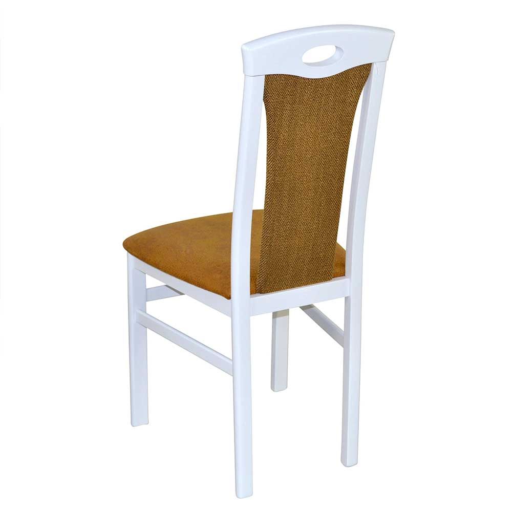 Weiße Esstischgruppe Serra Tisch ausziehbar 4 Stühle Bezug Ocker (fünfteilig)