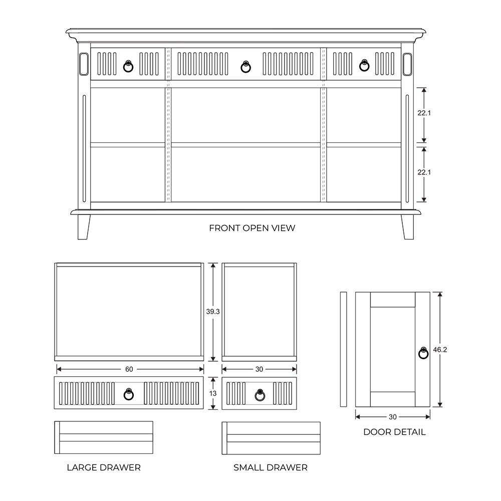 Landhaus Sideboard weiss Lominda mit drei Schubladen 145 cm breit