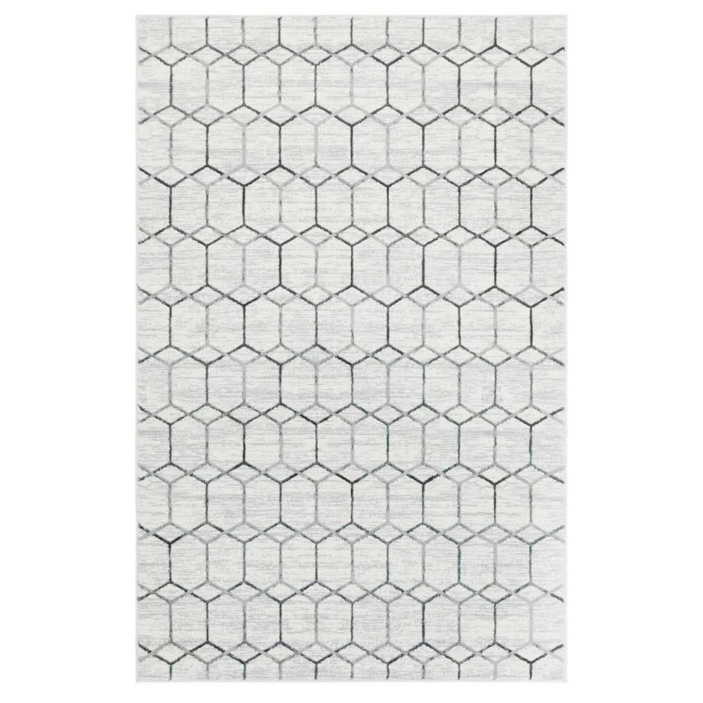 Kurzflor Teppich Marinov in Cremeweiß und Grau mit geometrischem Muster