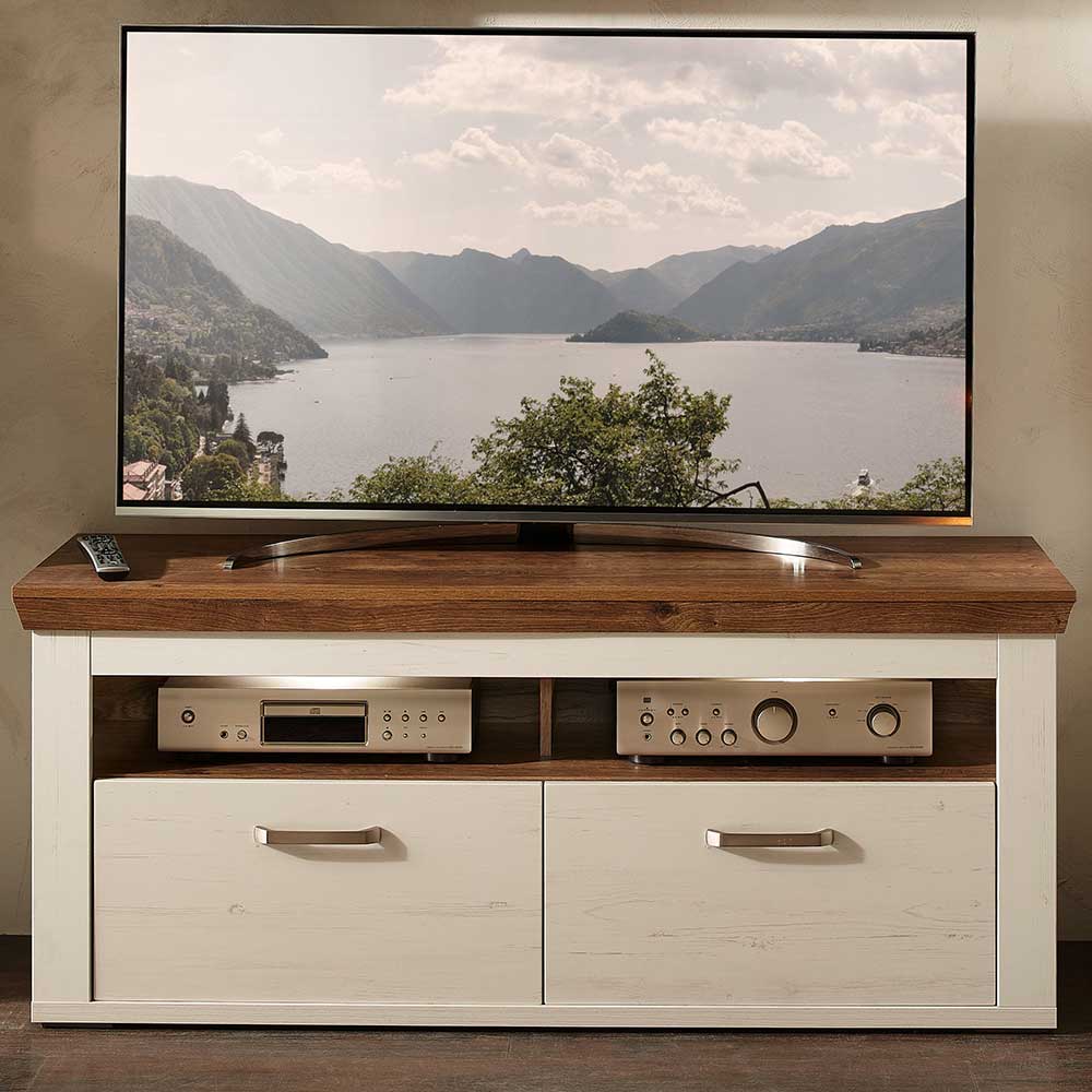 Landhaus TV Lowboard Piscinia in Weiß und Wildeiche dunkel mit zwei Schubladen