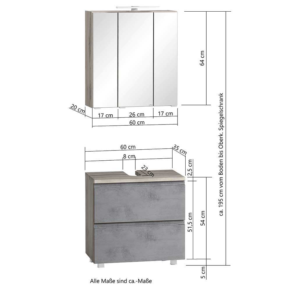 Design Badezimmermöbel Set Tagma in Beton Grau und Wildeichefarben (fünfteilig)
