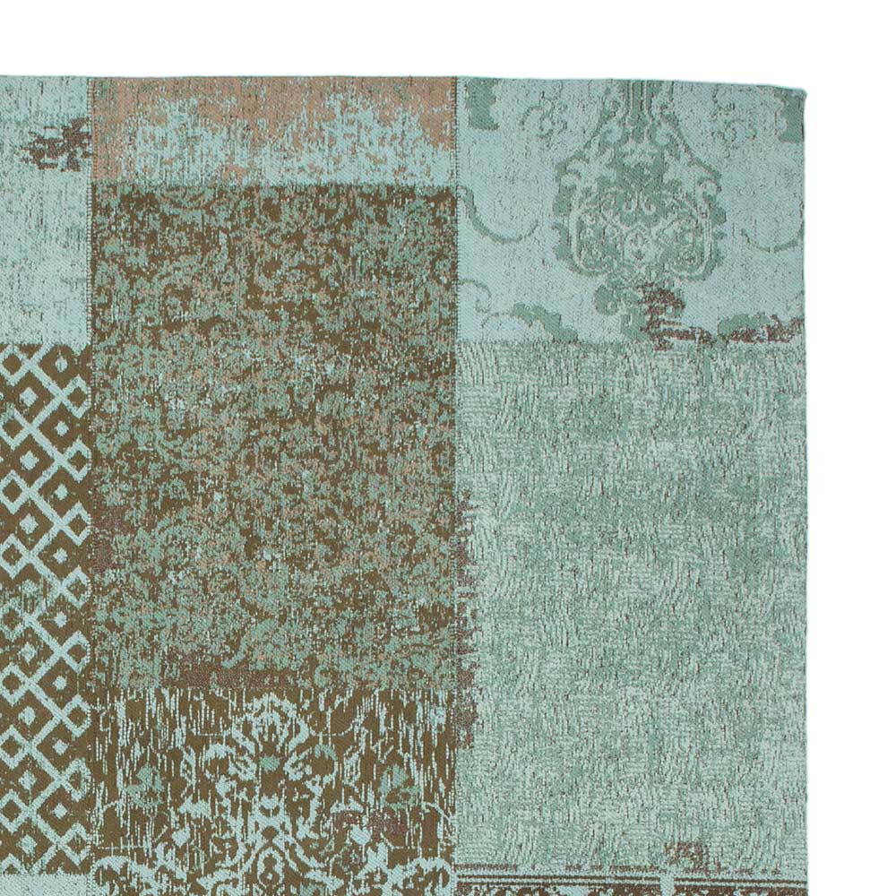Chenillegewebe Teppich Cava in Türkis und Taupe mit Patchworkmuster