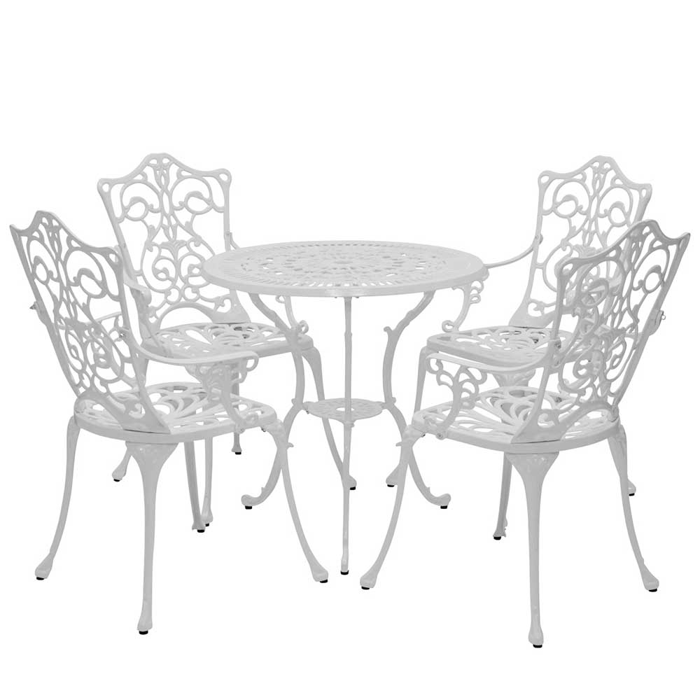 Vintage Balkon Sitzgruppe Bresco in Weiß Aluminium mit rundem Tisch (fünfteilig)