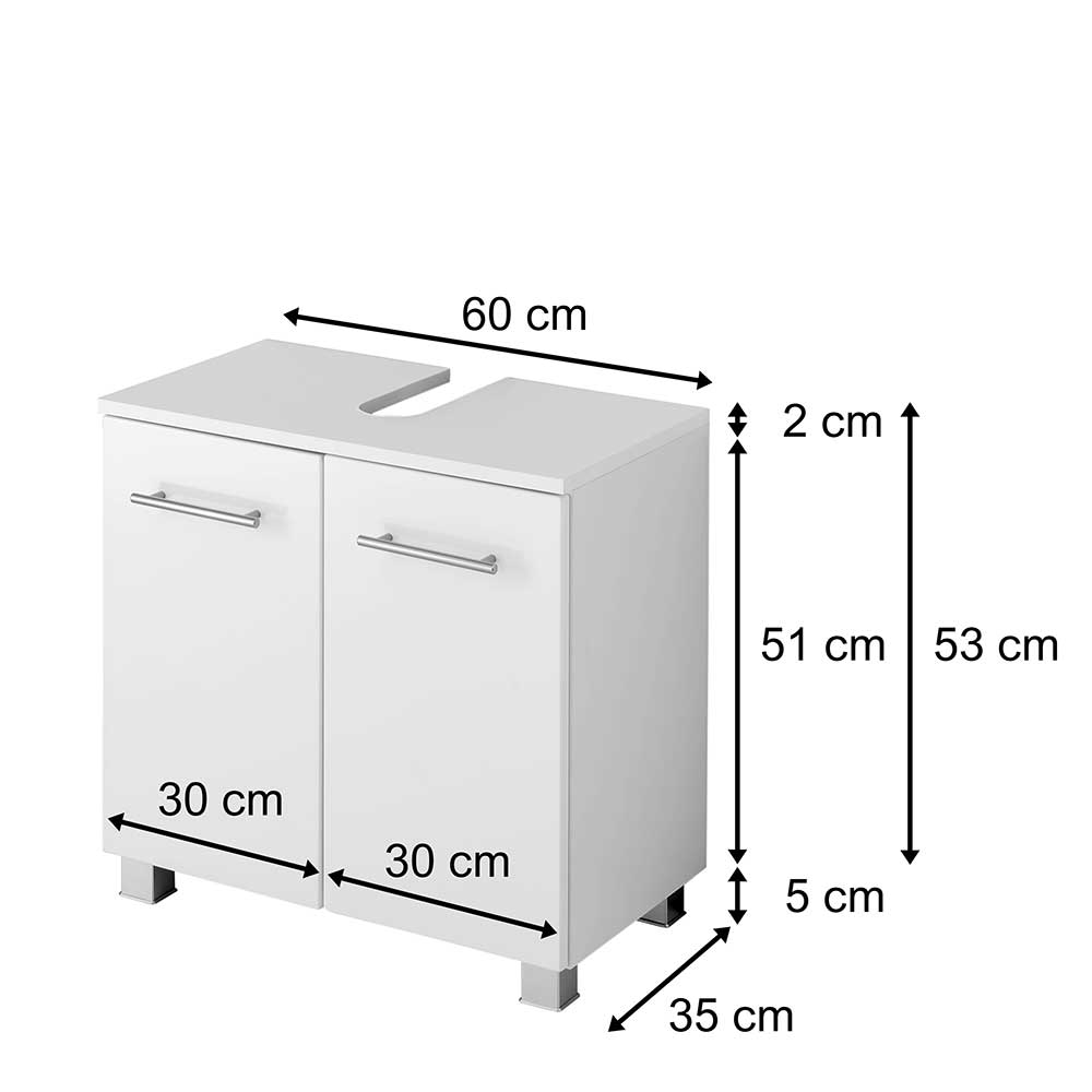 2 türiger Waschbeckenunterschrank Josessa in Hochglanz Weiß 60 cm breit