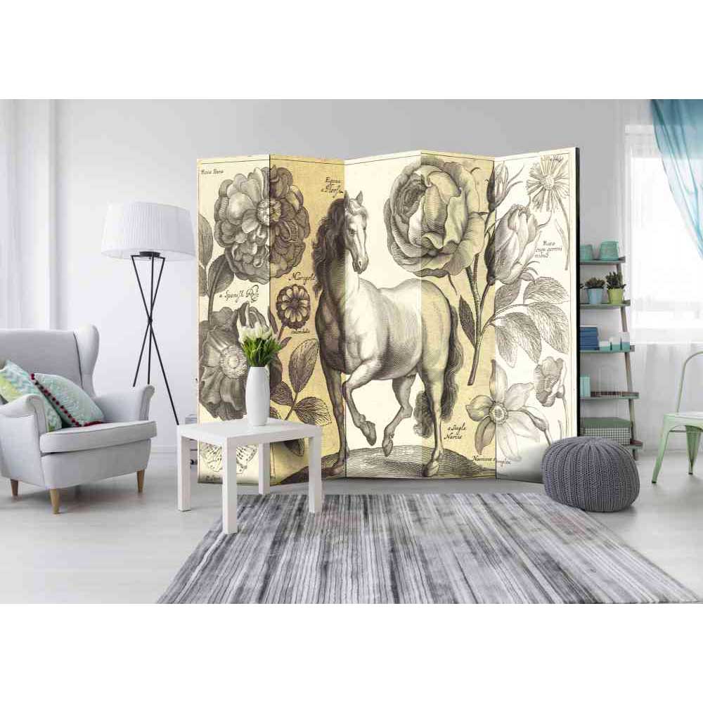 Barock Design Paravent Edance mit Pferde Motiv und Blumen 225 cm breit