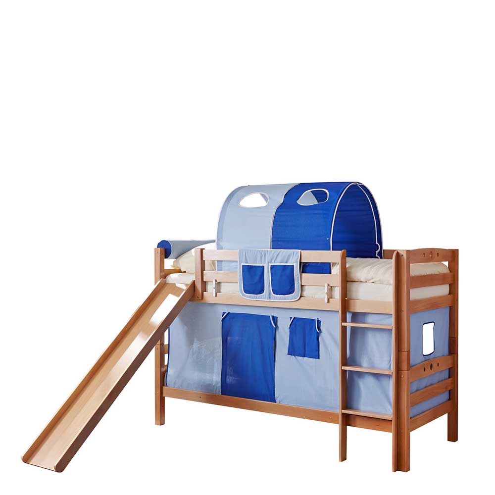 Kinderzimmer Etagenbett Tannilo aus Buche Massivholz mit Rutsche und Vorhang in Blau