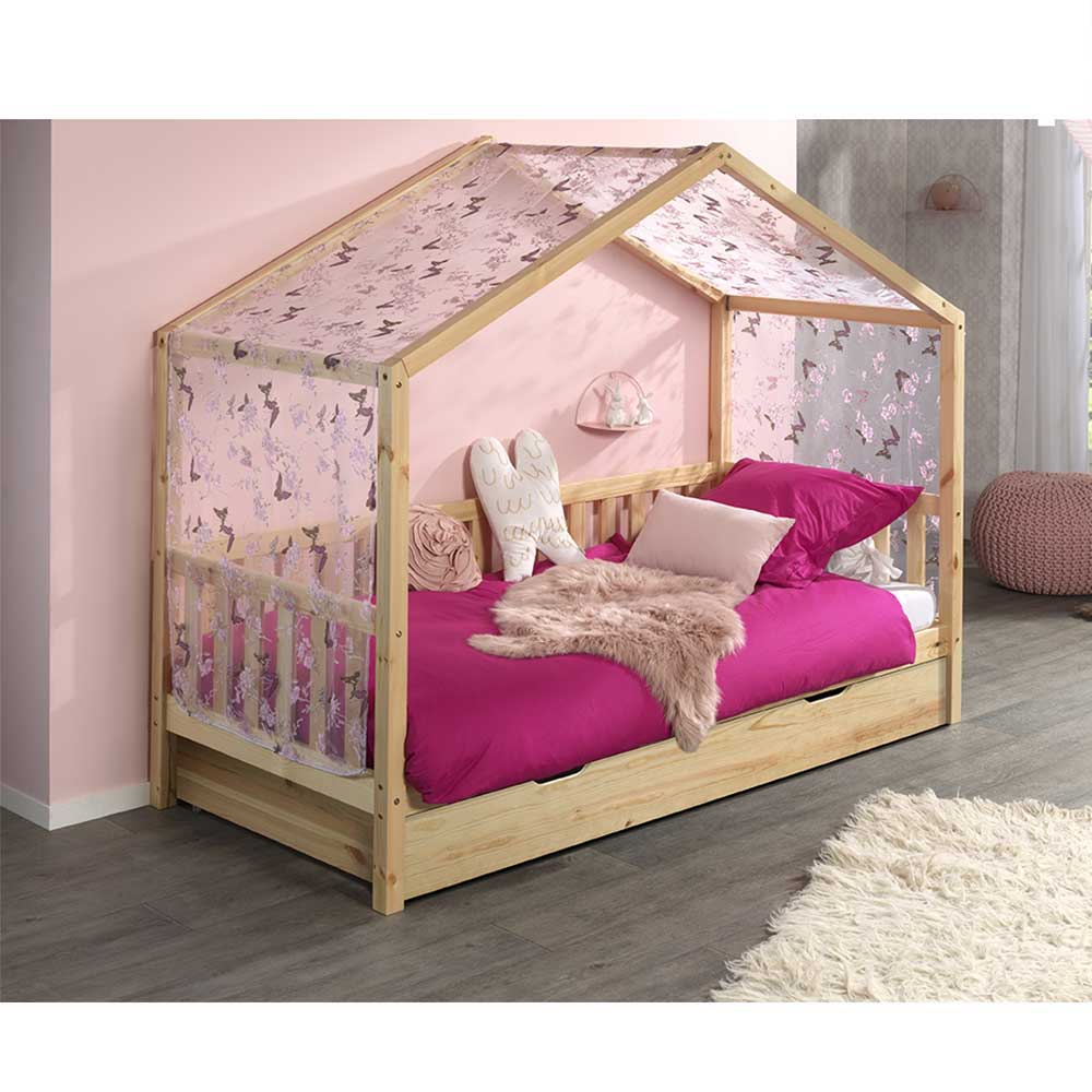 Massivholz Kinderbett Noemi in Haus Optik mit Vorhang