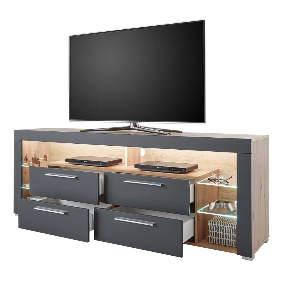 TV Möbel Minu in Asteichefarben und Grau offene Gerätefächer