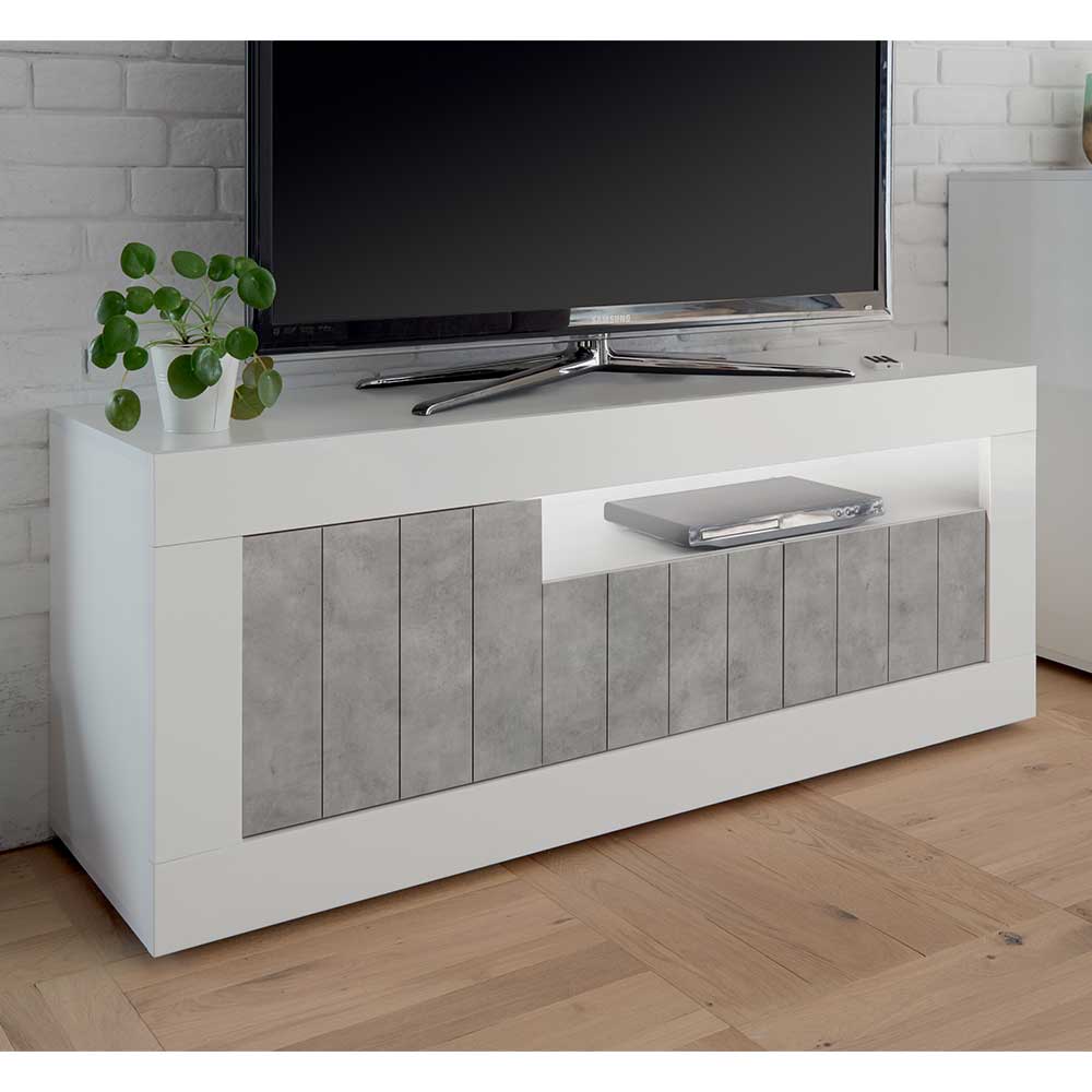 TV Möbel Caena in Weiß Hochglanz und Beton Grau mit Türen