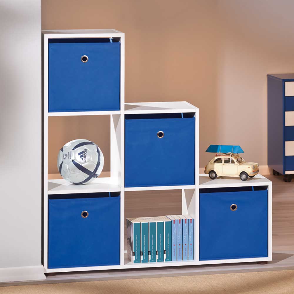 Raumteiler Regal Ilena in Treppenform mit 4 blauen Stoff Schubladen