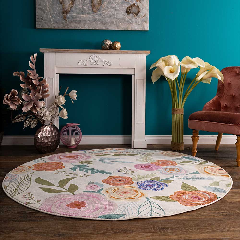 Runder Teppich Krispan in Weiß Bunt mit Blumen Motiv