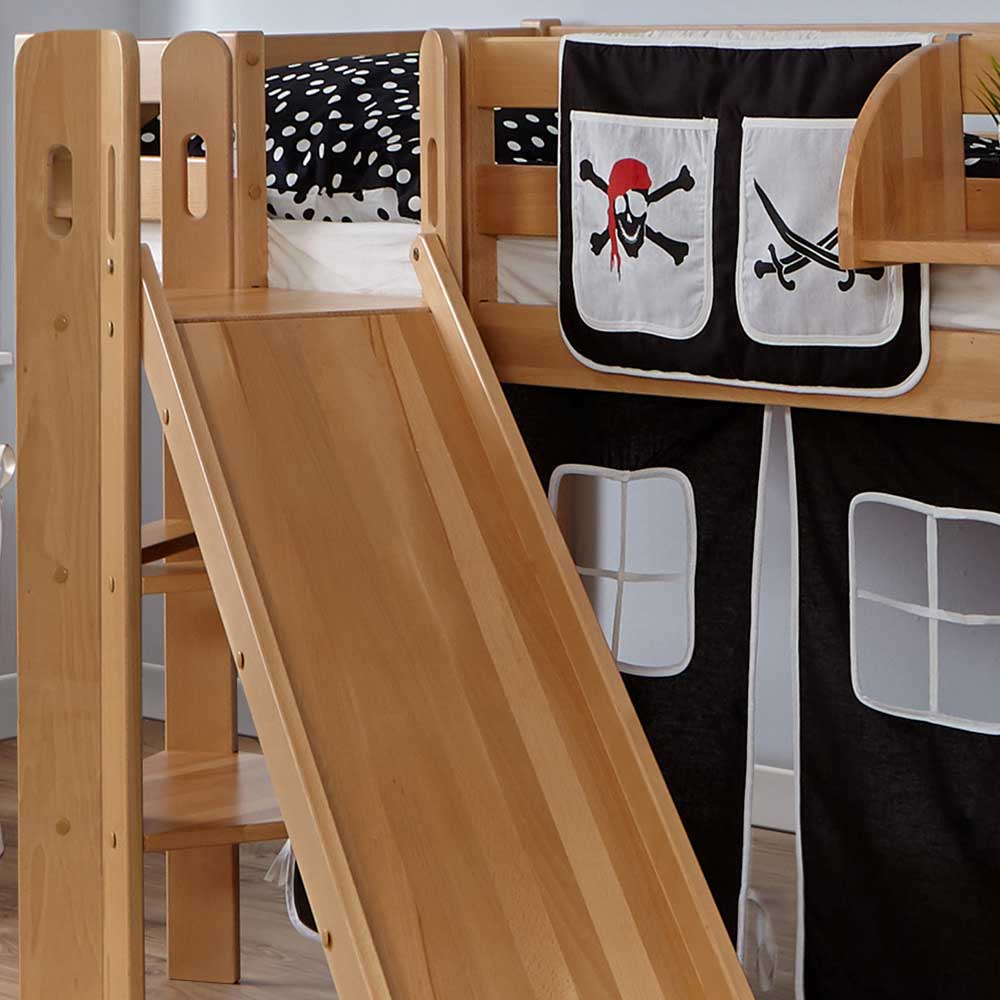 Kinder Halbhochbett Scotias aus Buche Massivholz mit Vorhang im Pirat Design