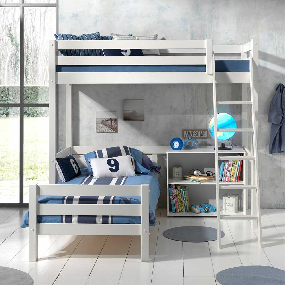 Kinderzimmer Stockbett Setca aus Kiefer Massivholz mit Regal