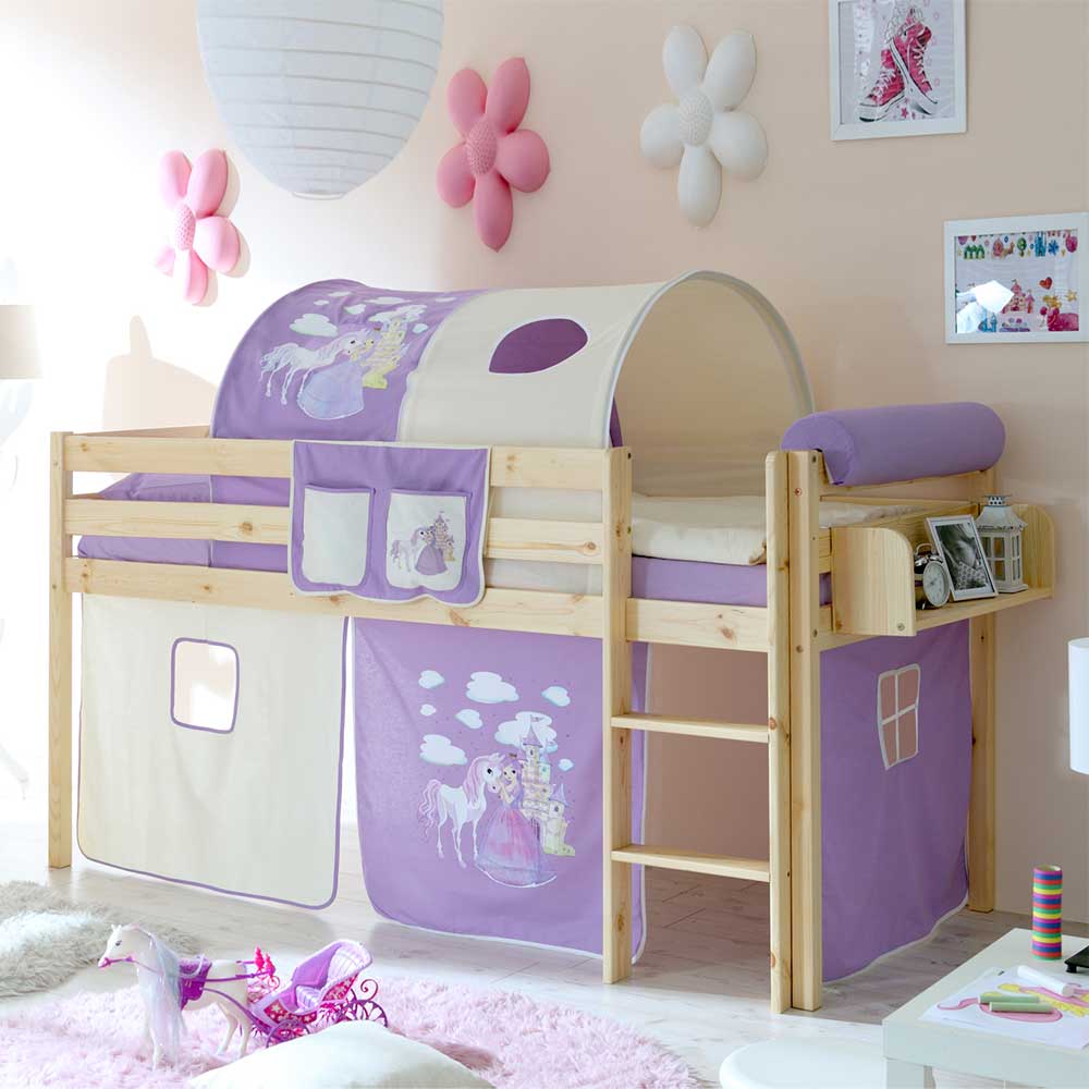 Halbhohes Kinderbett Leila aus Kiefer massiv mit Tunnel im Prinzessin Design