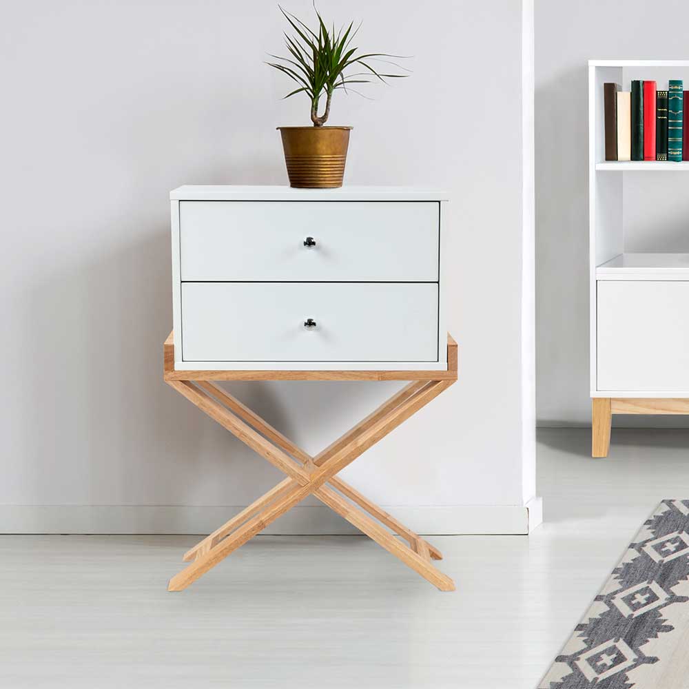 Schlafzimmer Kommode Darinka in Weiß und Holz Naturfarben mit zwei Schubladen