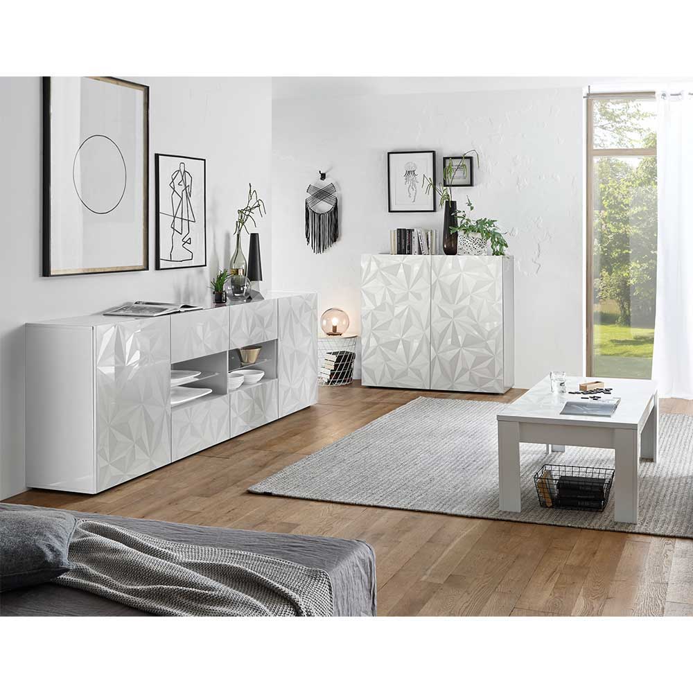 Wohnzimmer Kombi Chrismo in Weiß Hochglanz mit Siebdruck verziert (dreiteilig)