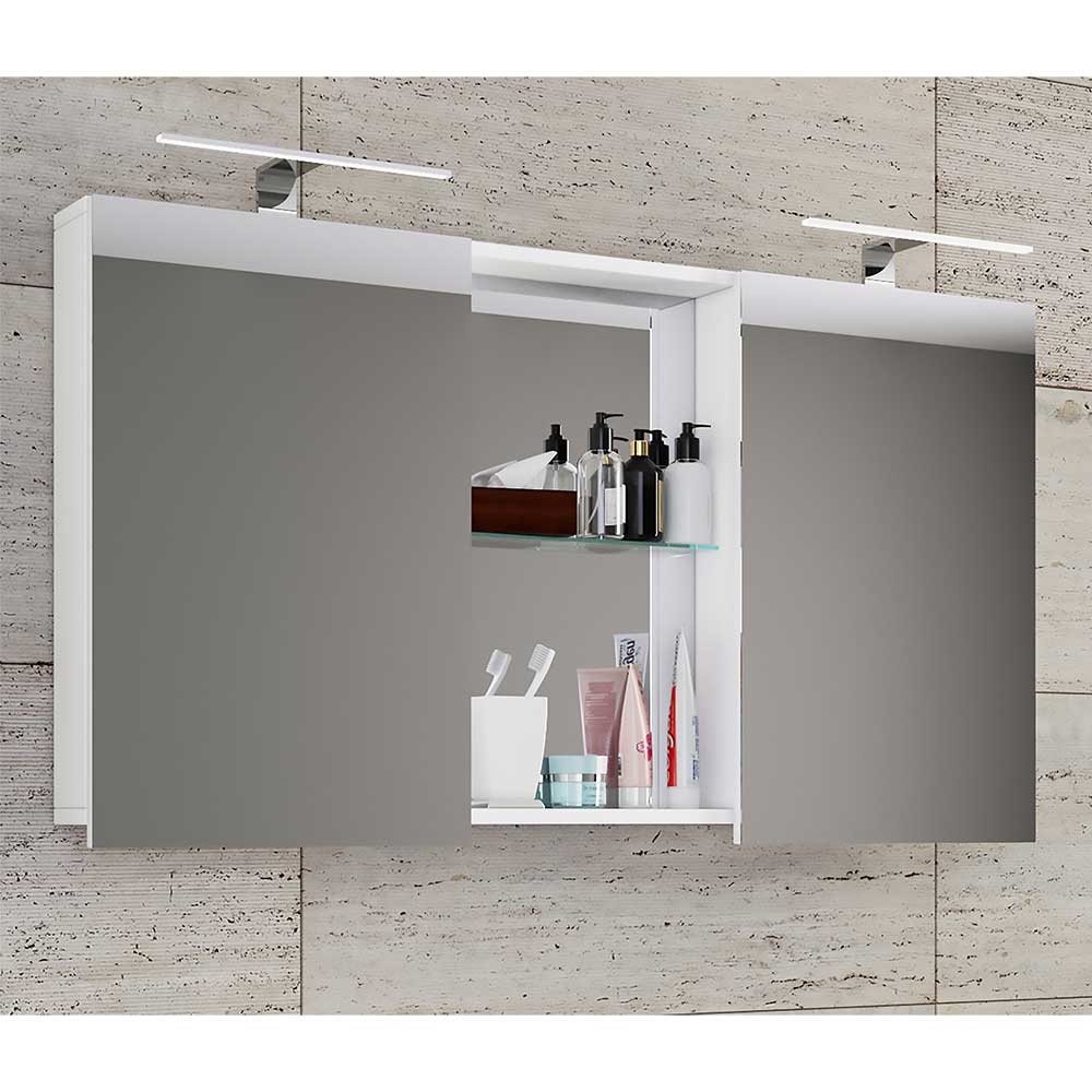 Breiter Badezimmer Spiegelschrank Eccion in Weiß mit Drehtüren