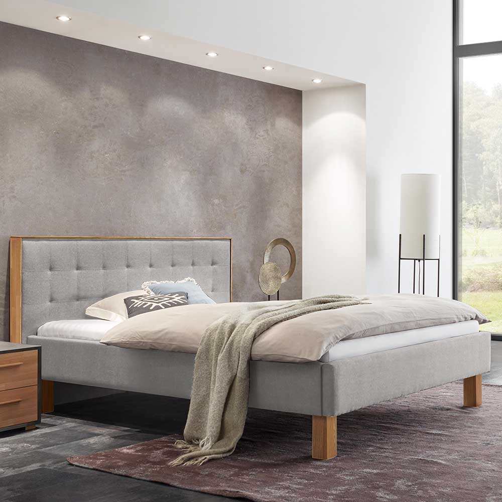 140x200 cm Bett Grau Eiche Bianco Avelinos aus Webstoff und Eiche Massivholz