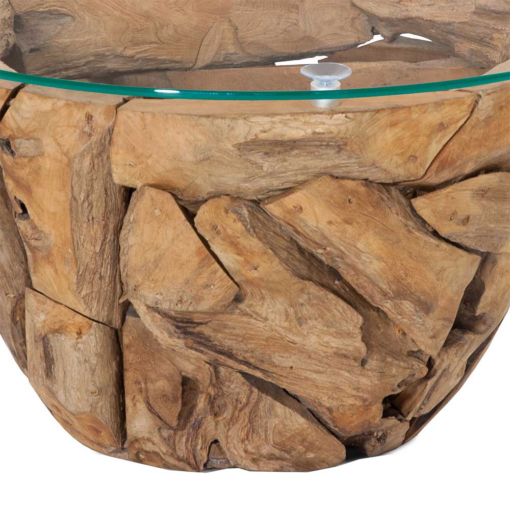 Design Couchtisch Mundary aus Teak Recyclingholz mit runder Glasplatte