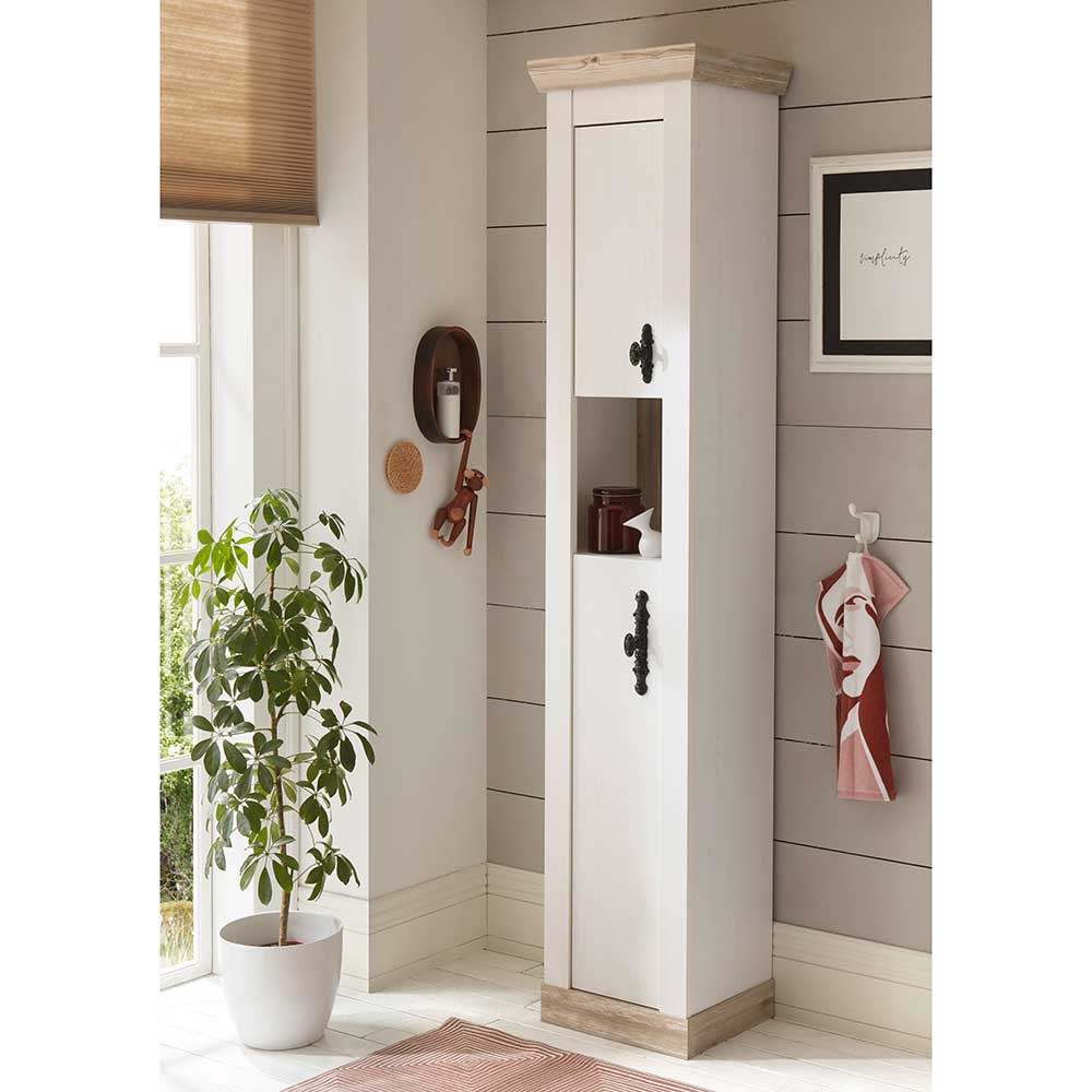 Badezimmer Schrank Atridia in Weiß und Pinienfarben im Landhausstil