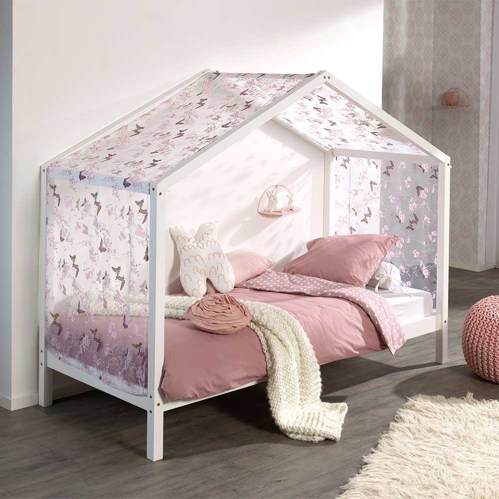 Kinder Einzelbett Loui in Haus Optik mit Vorhang im Schmetterling Design