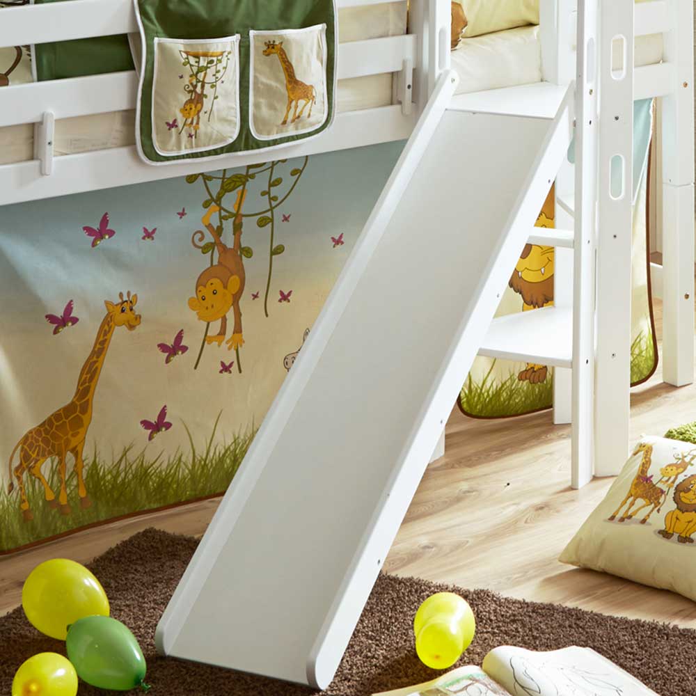Halbhohes Kinder Einzelbett Gimma in Weiß Buche massiv mit Vorhang im Zoo Design